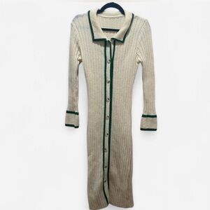 Cream Knit Long Cardigan with Green Trim